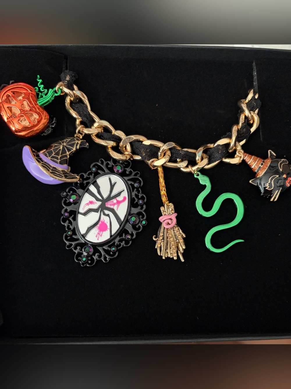 Betsey Johnson Black and Gold Halloween Statement Charms Necklace